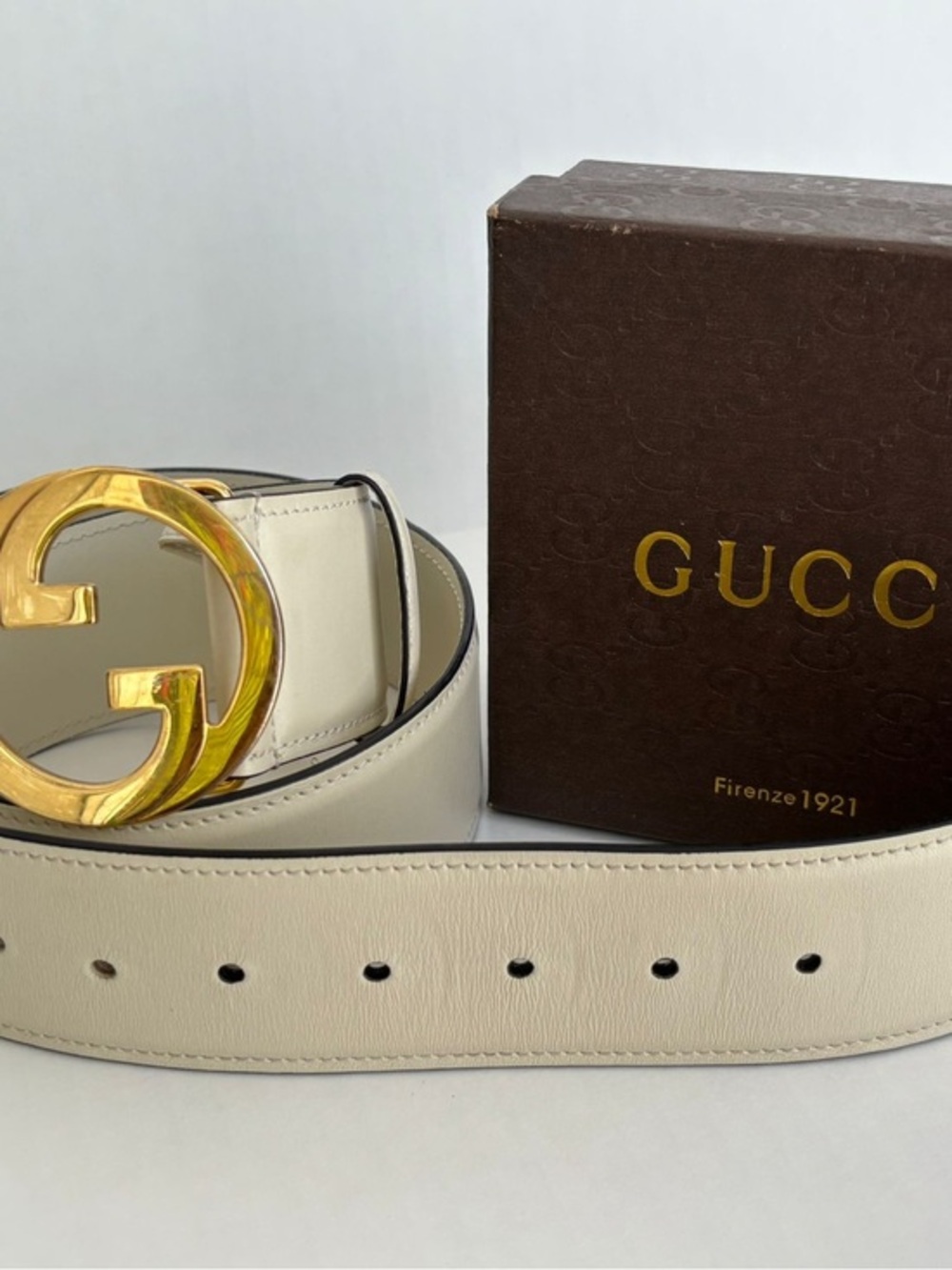 Gucci Interlocking GG Belt Cream Leather Gold Buckle Size 85/34 Authentic - Picture 2 of 7